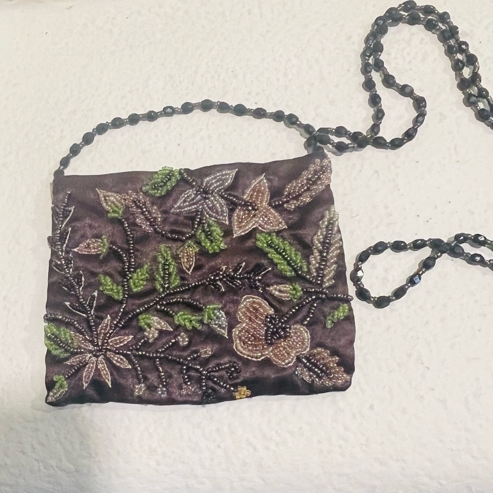 Moyna Vintage Small Beaded Crossbody Bag - Brown, pale pink, and Green.